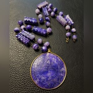 1960's Artisan-Made, Carved Violet Agate Aztec Necklace- Vintage
